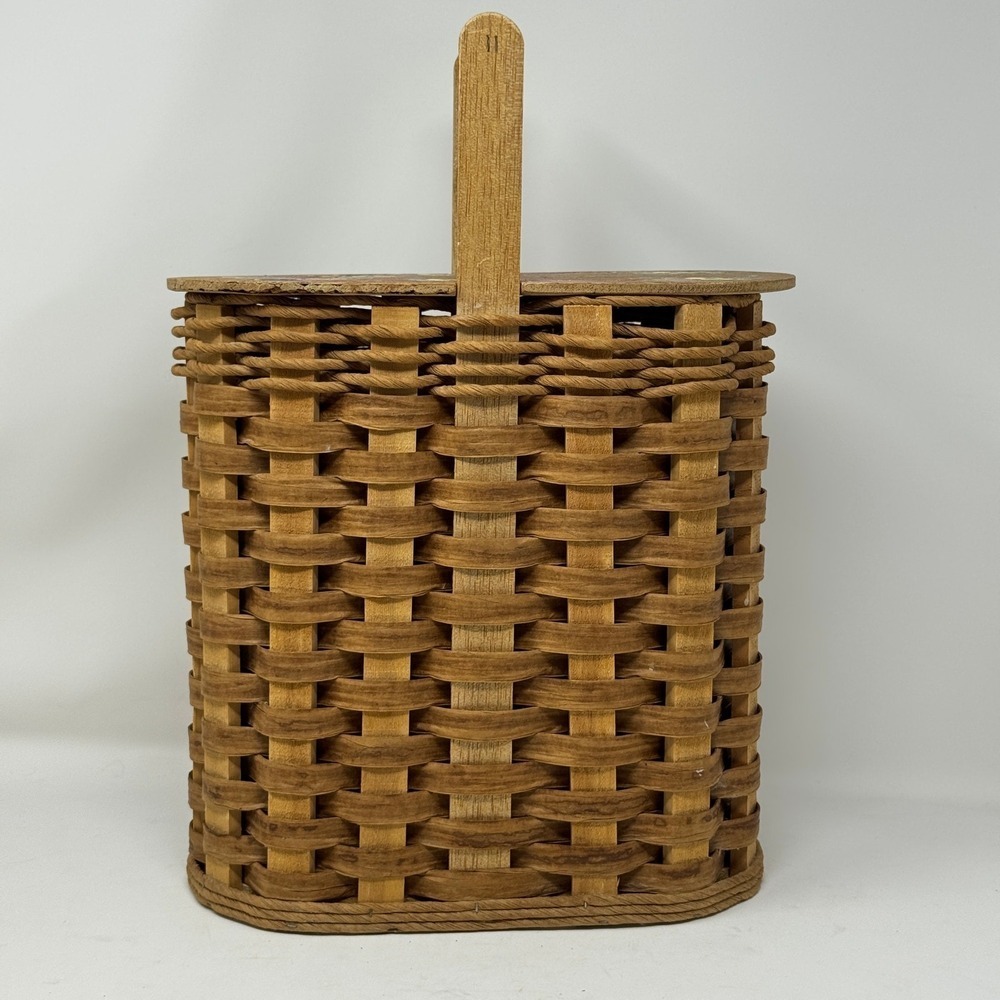 Vintage Woven Wood Hand Painted Floral Lid Tissue Basket Storage Cottagecore VTG